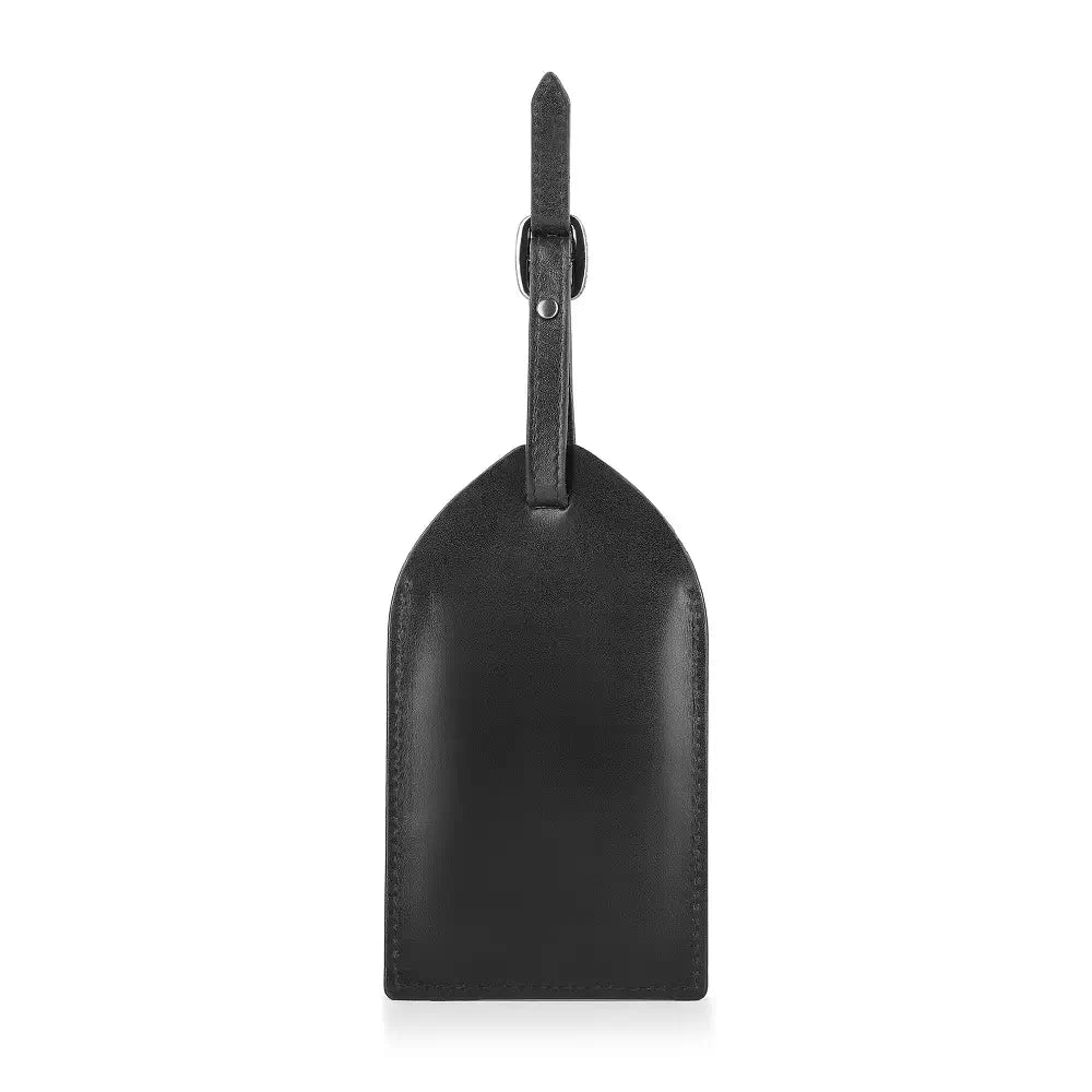 Back view of black full-grain leather luggage tag .