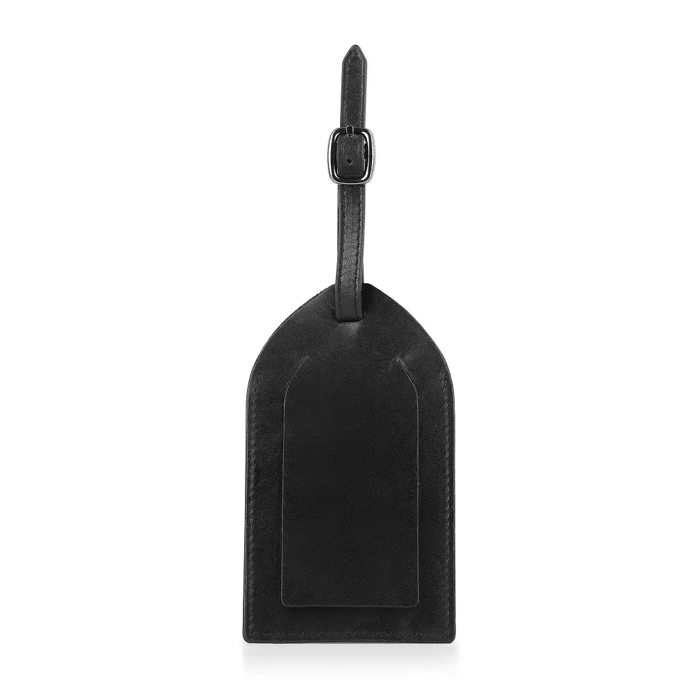 Front  view of black full-grain leather luggage tag .