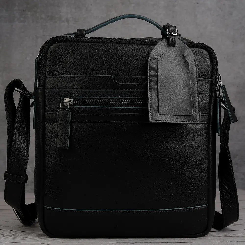 Black leather luggage tag attached to matching leather shoulder bag for coordinated travel style.