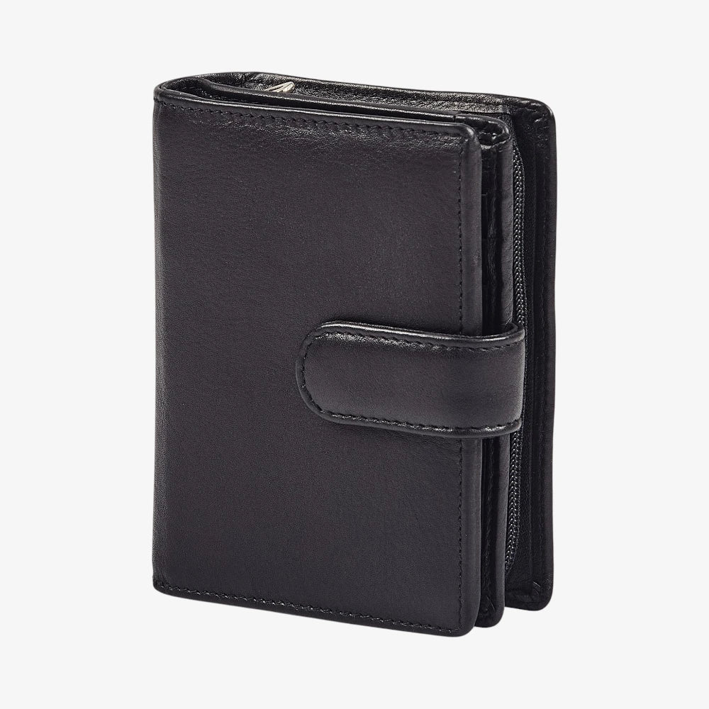 Black ladies trifold leather purse with RFID protection and zipped coin 
pocket