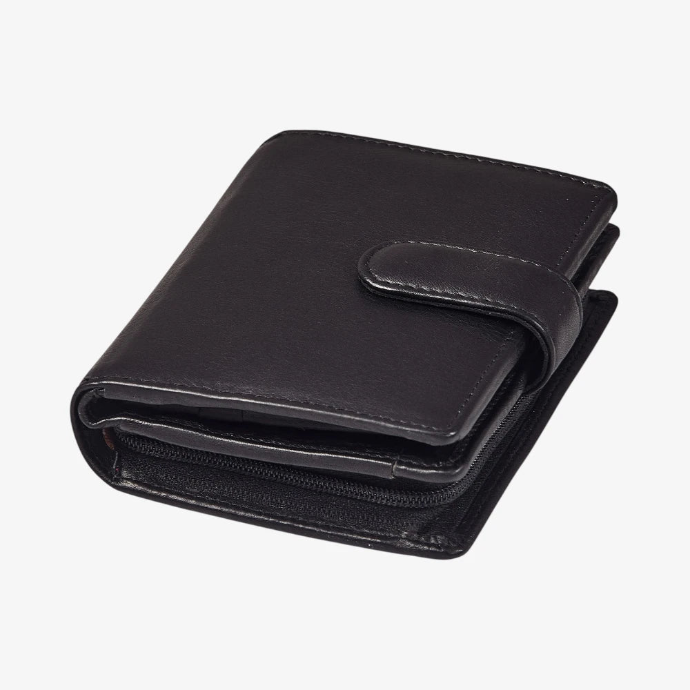 Compact black ladies trifold purse crafted from real leather