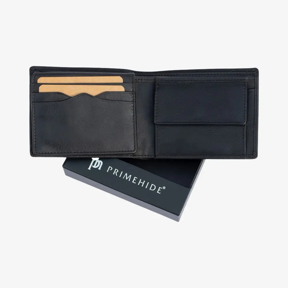 Black leather wallet with open design showing card slots, on a white background with 'Primehide' branding.