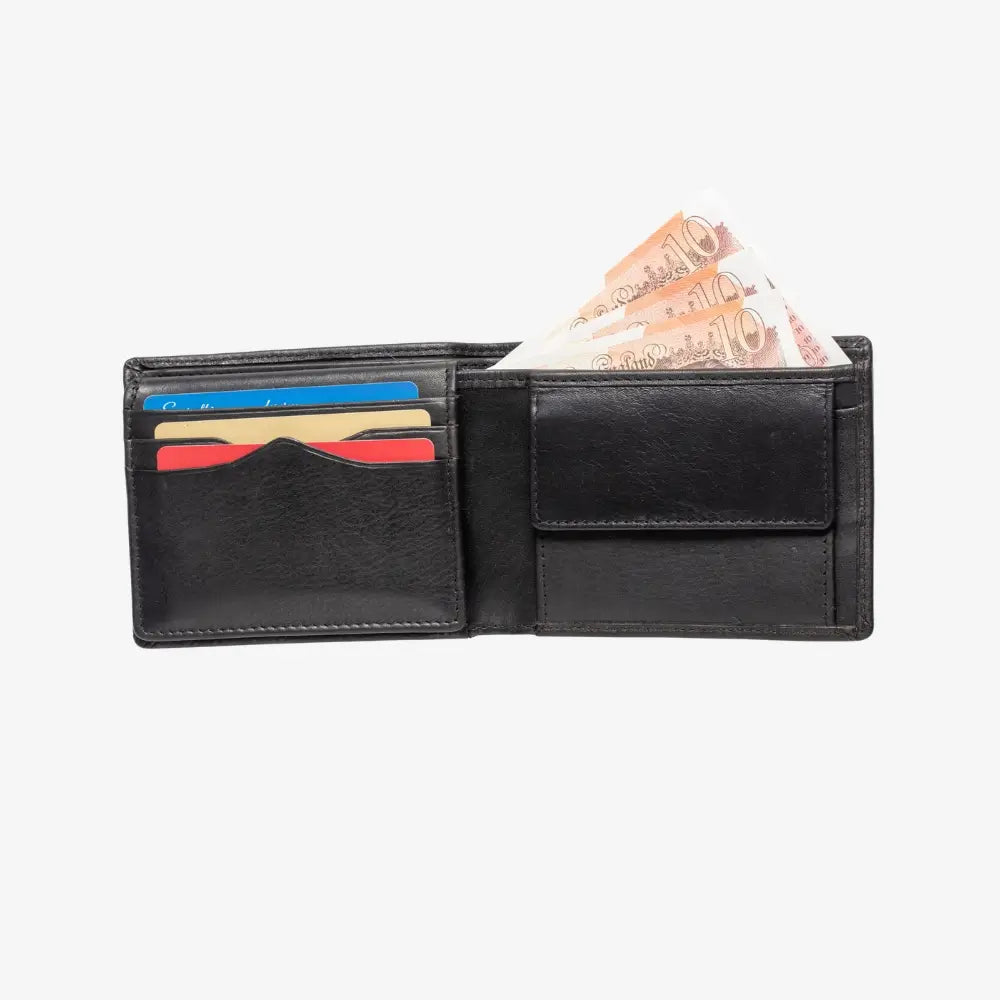 Black leather wallet with money and cards on a white background