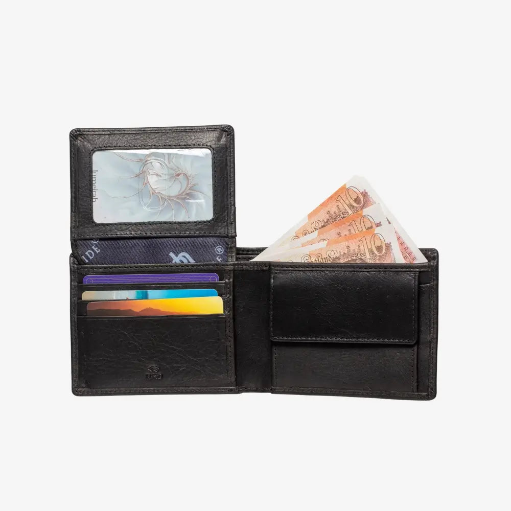 Black leather wallet with cards and money on a white background