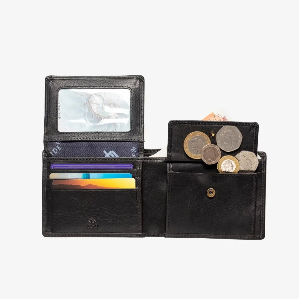 Black leather wallet with card slots and coin pocket on a white background