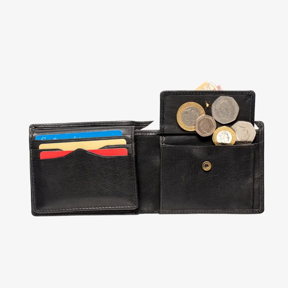 Black leather wallet with card slots and coin pocket on a white background
