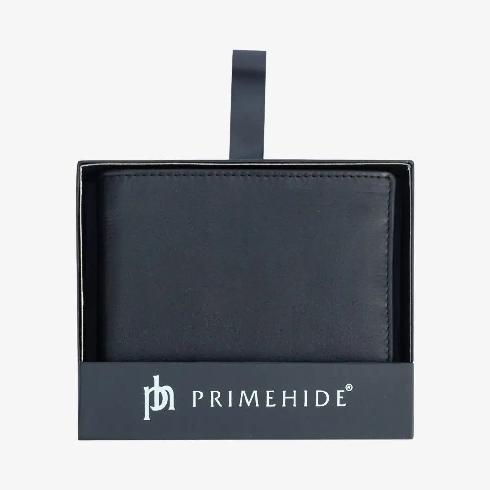 Black leather wallet in a Primehide branded box on a white background