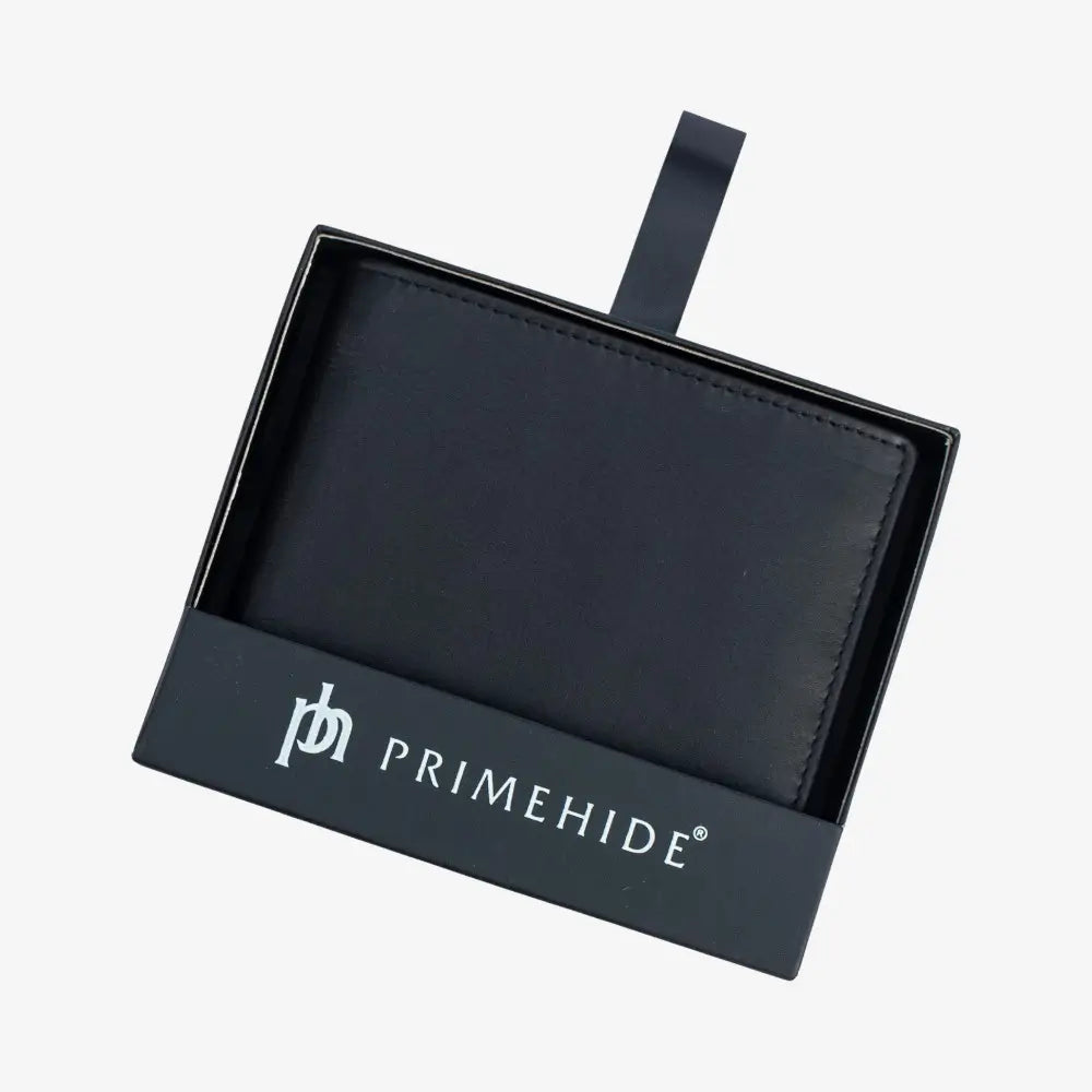 Black leather wallet in a Primehide branded box on a white background