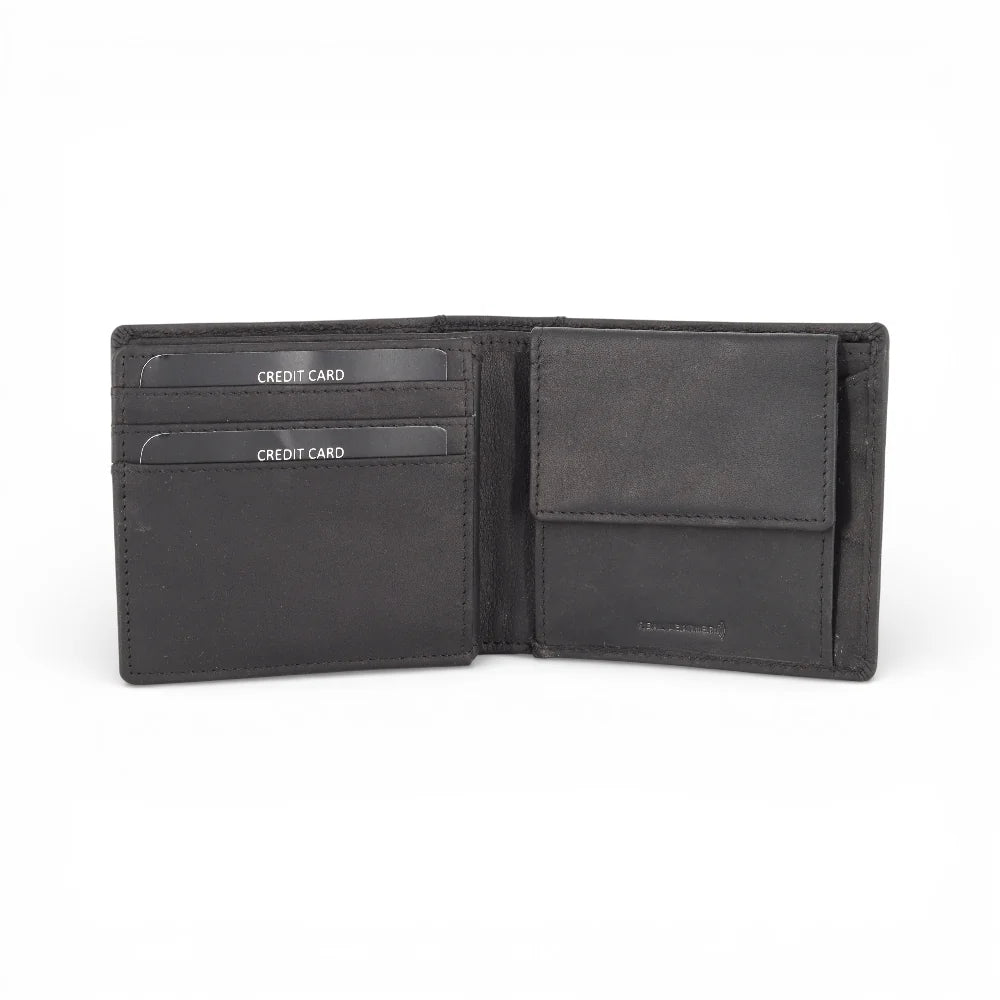 Open black leather wallet with card slots on a white background