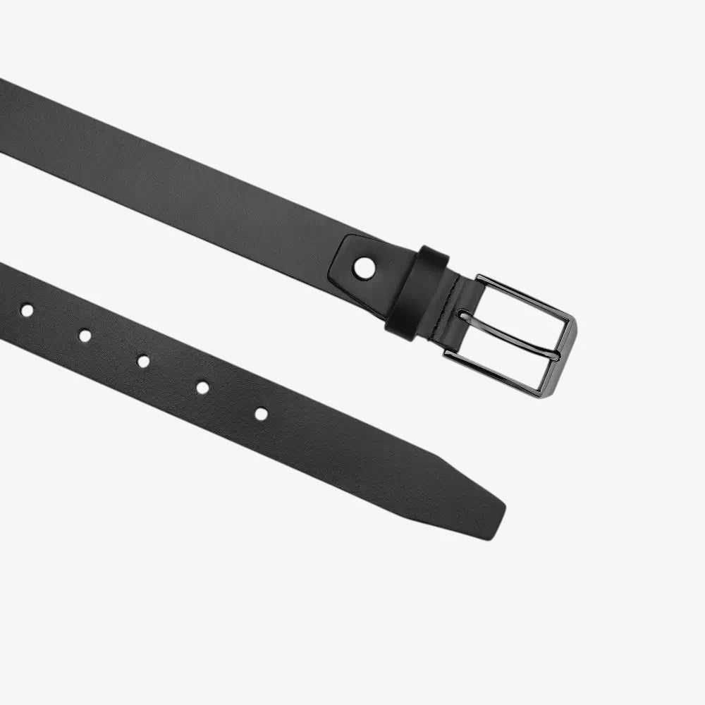 Full length view of Black belt with a silver buckle on a white background