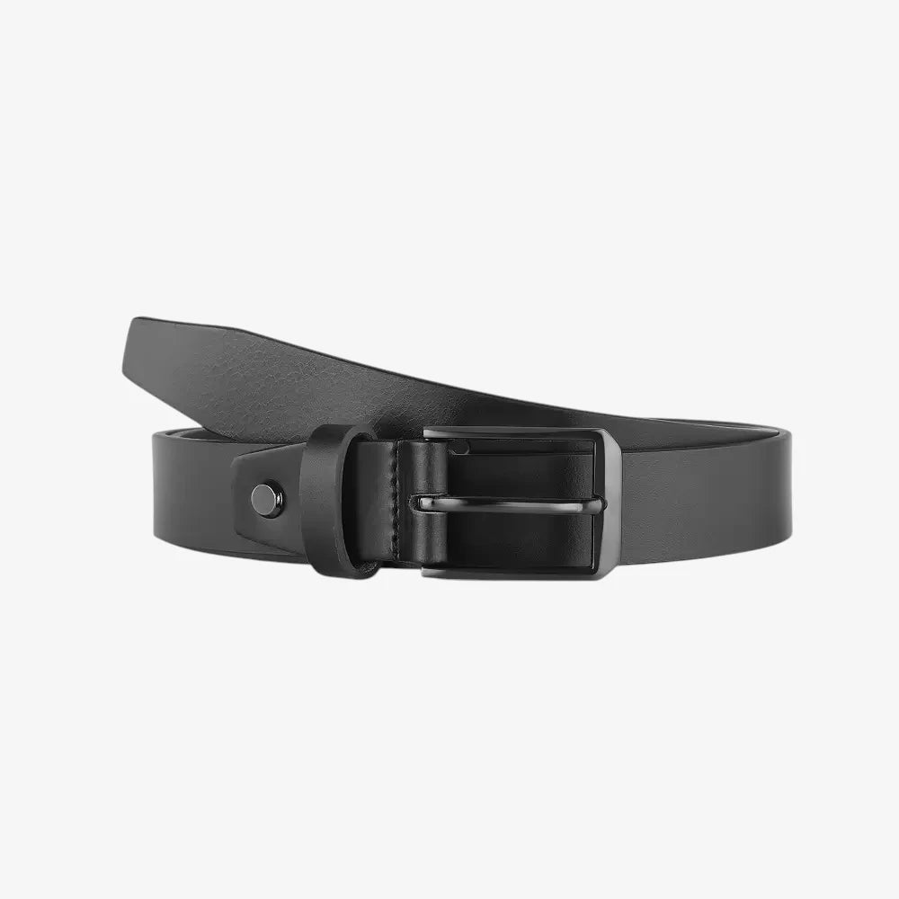 Front view of Black belt with a silver buckle on a white background