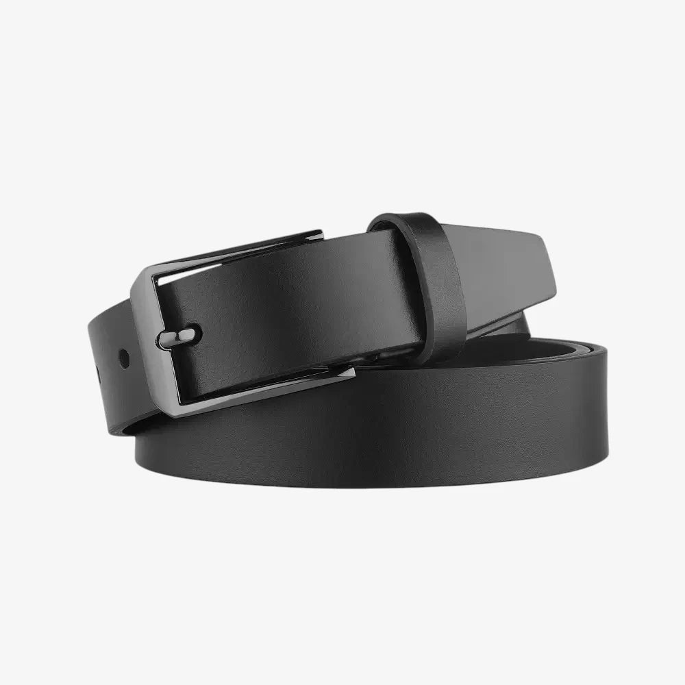 Black leather belt with silver buckle on a white background