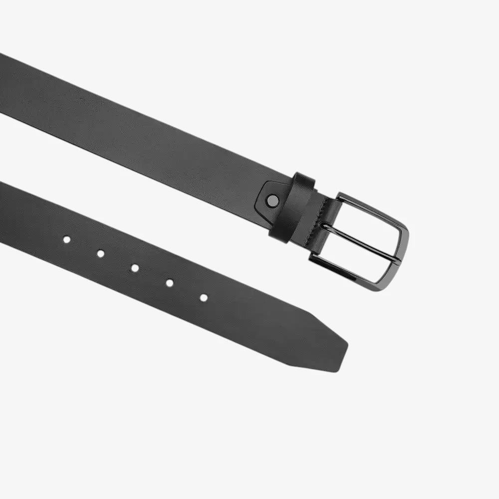 Top angle view of Black leather belt with a silver buckle on a white background