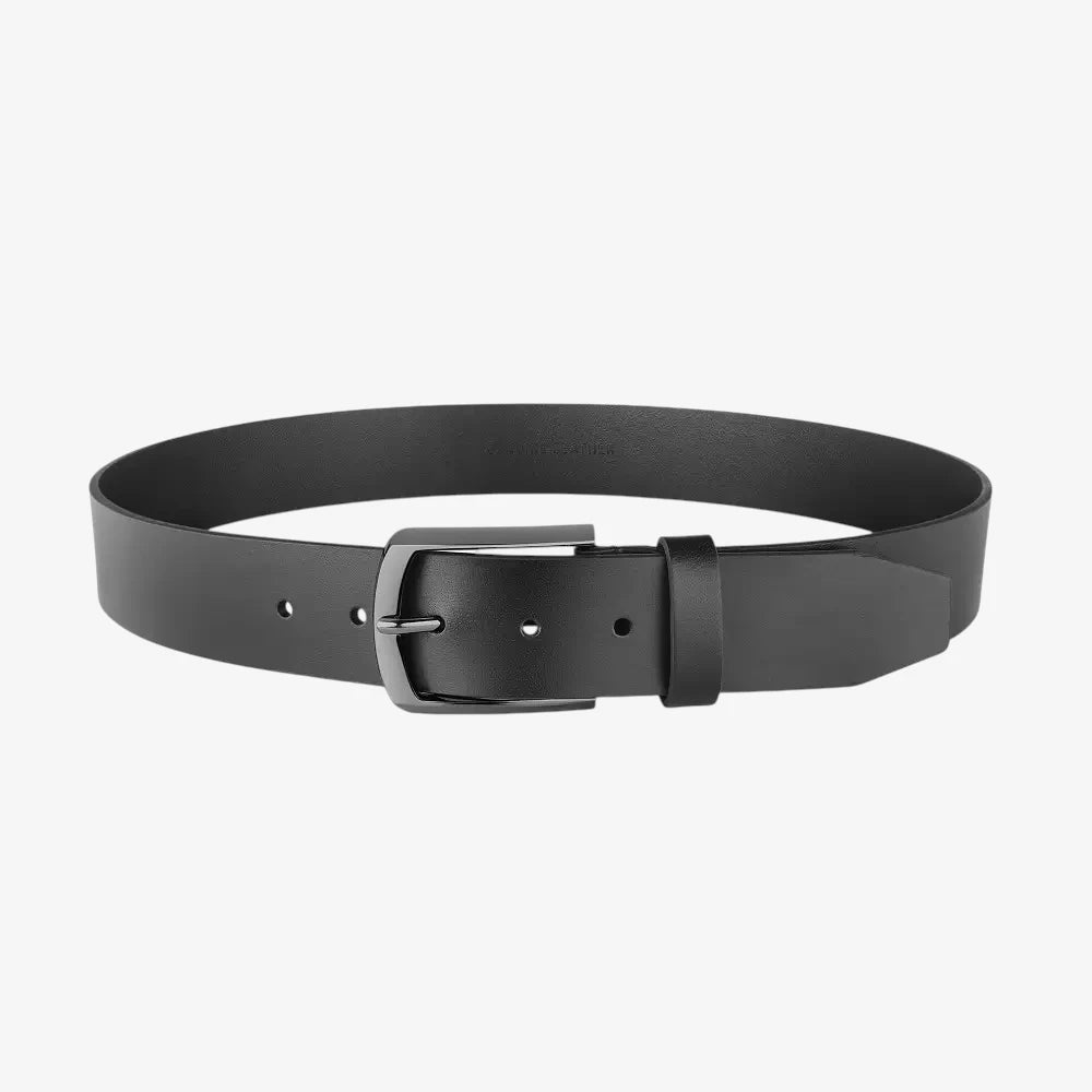 Full length view of Black belt with a silver buckle on a white background
