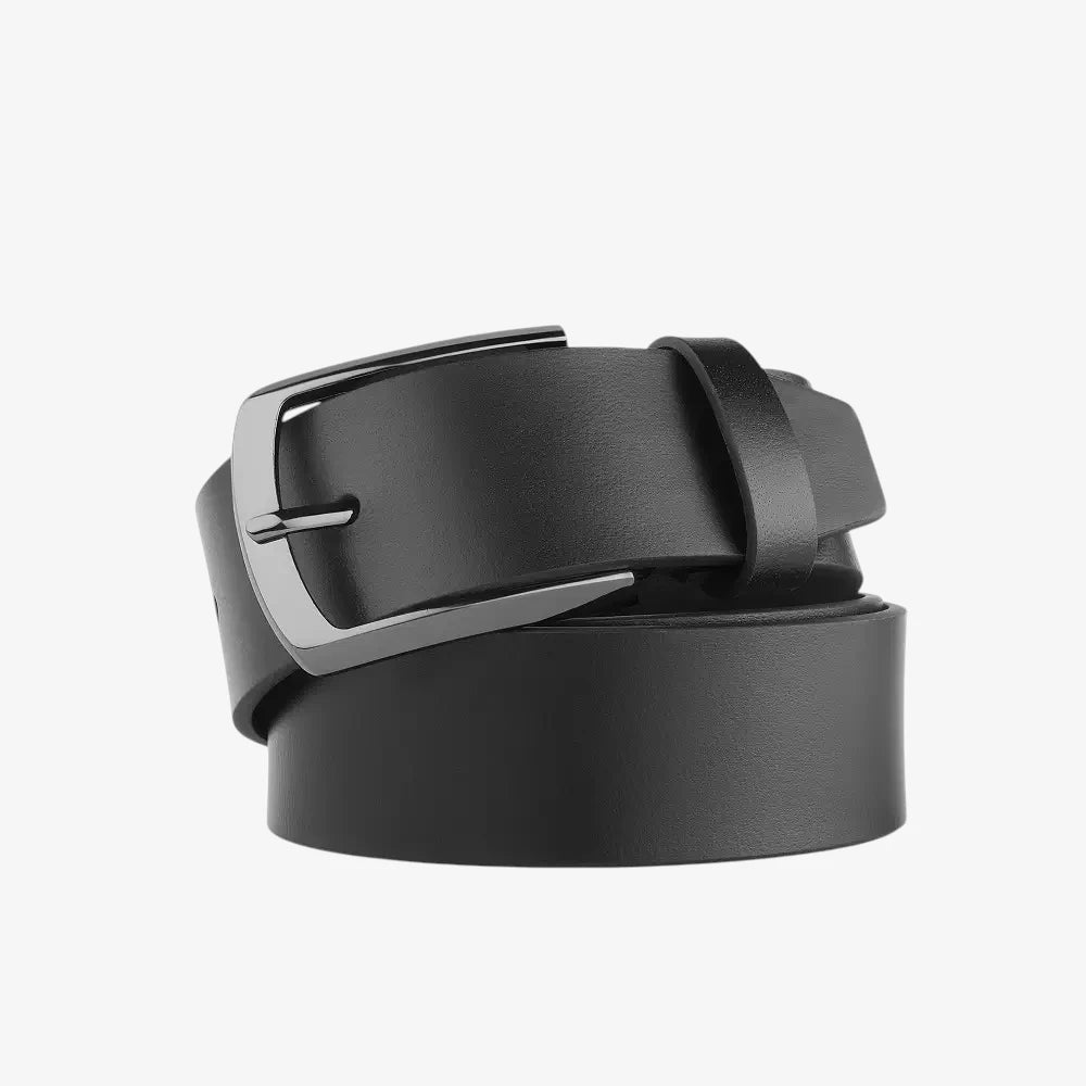 Black leather belt with silver buckle on a white background
