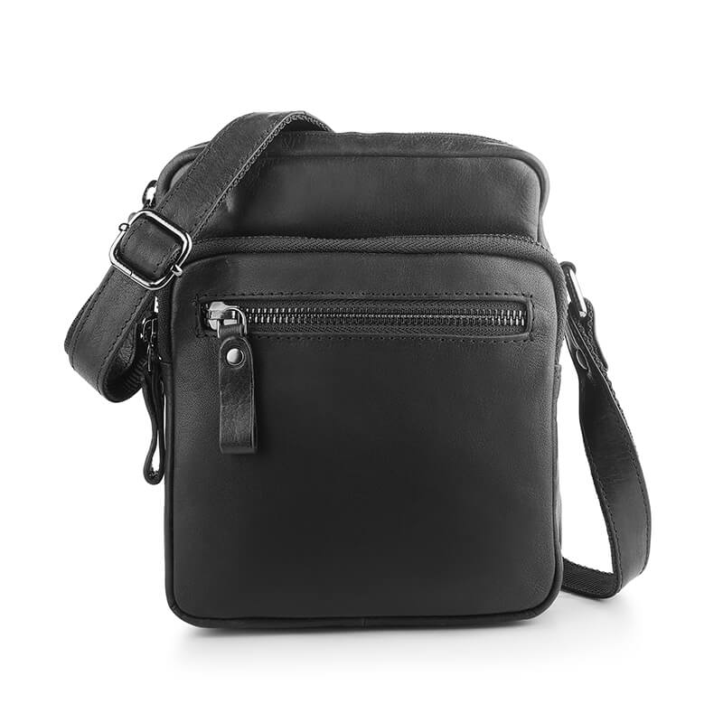 Black crossbody bag on a white background