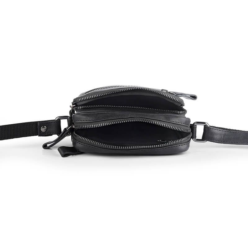 Black bag with multiple zippers on a white background