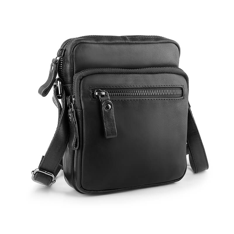 Black leather crossbody bag on a white background