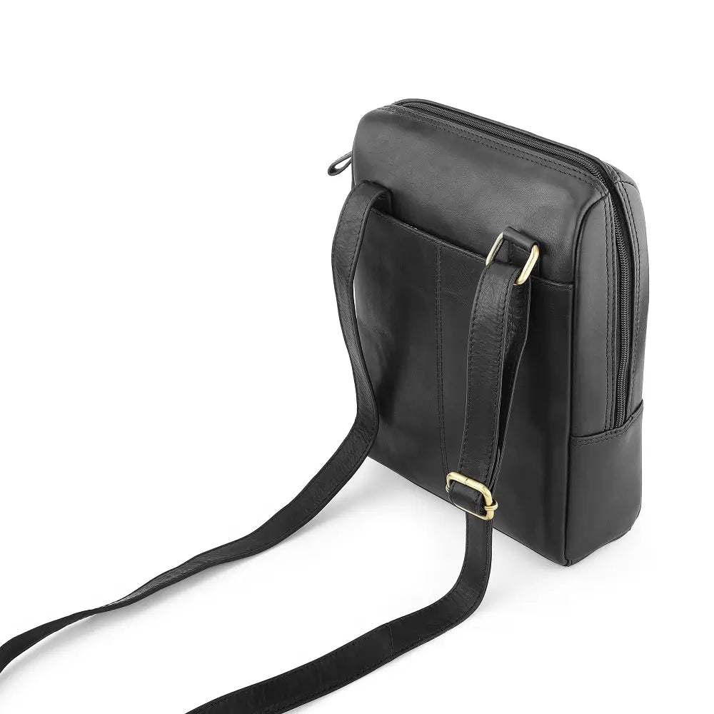 Black leather messenger bag with a strap on a white background