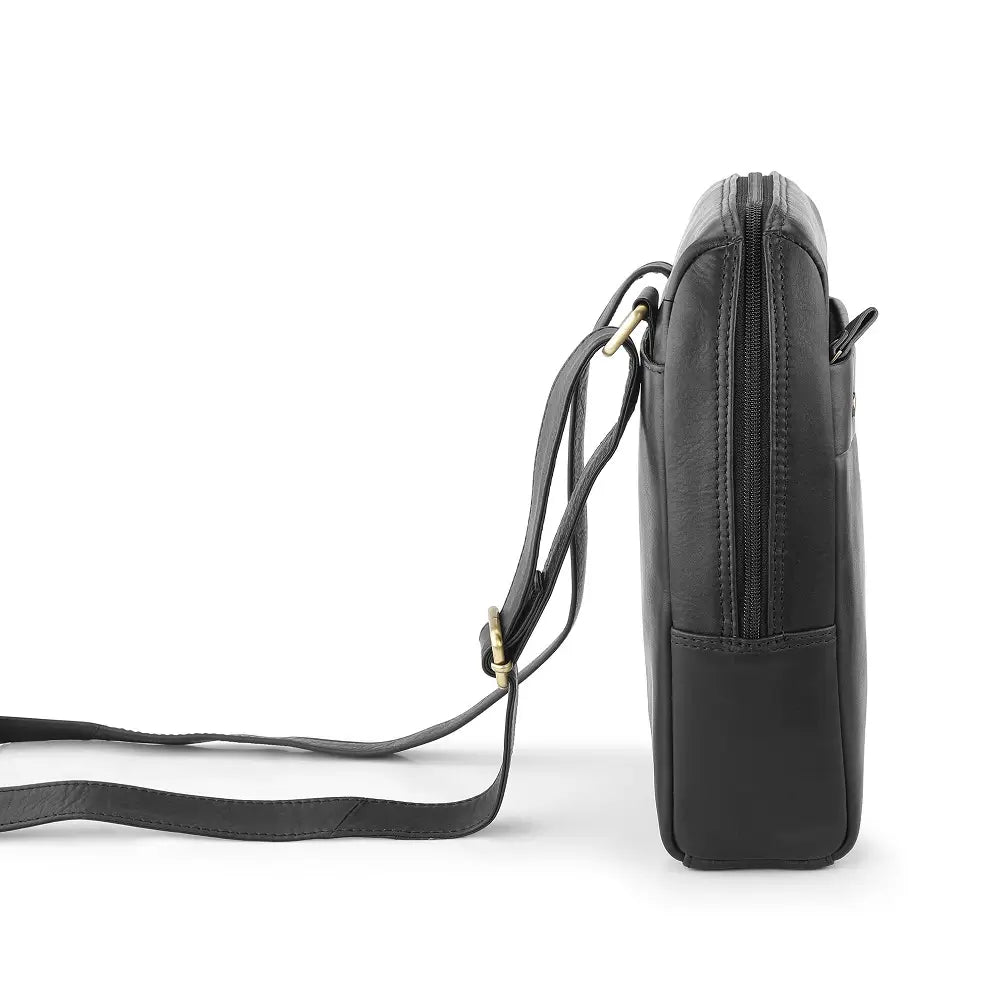 Black leather messenger bag on a white background