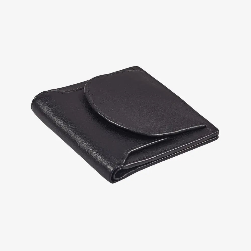 Compact black leather coin tray wallet with press stud closure