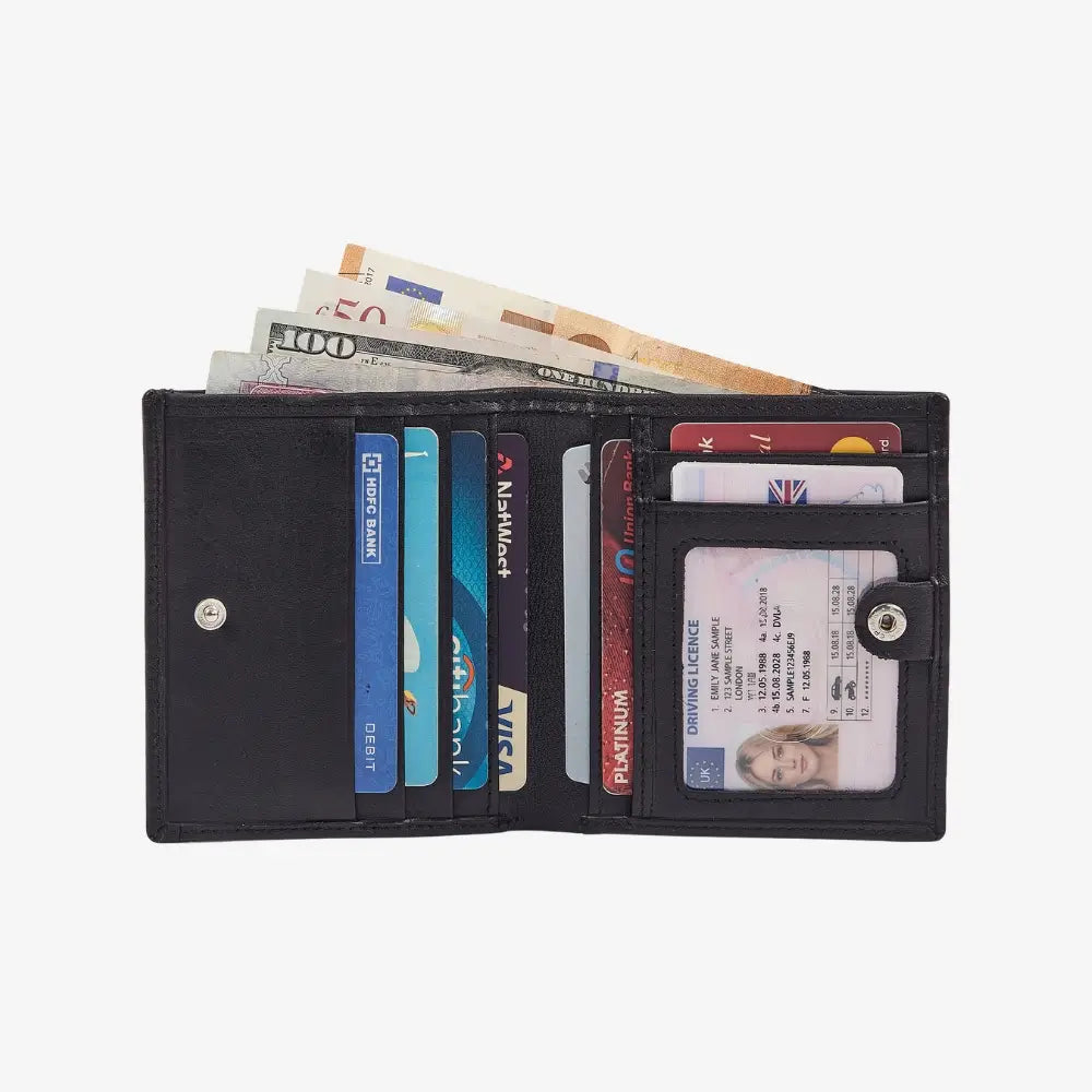 Black leather wallet with coin tray, card slots and note section