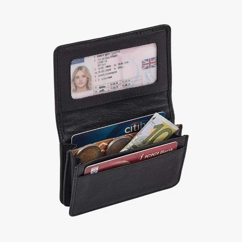 Black leather card holder with two card slots and note sections