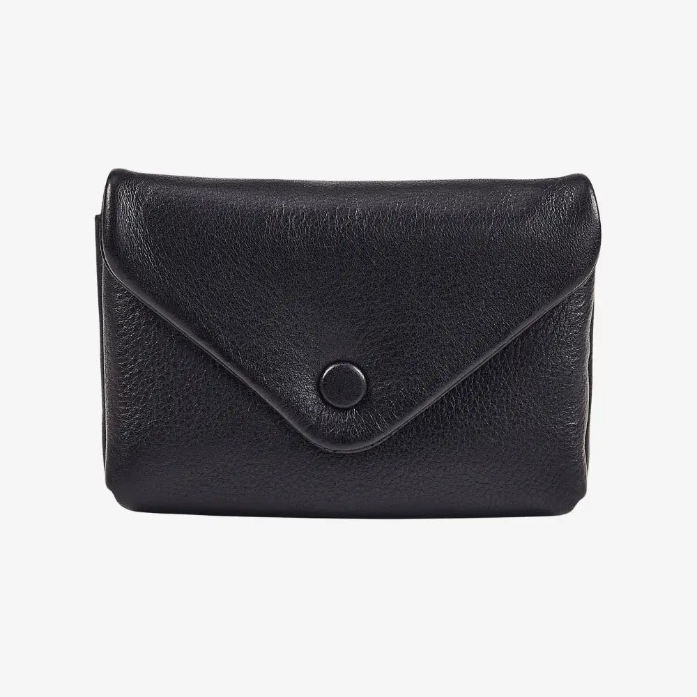 Black leather envelope coin purse for women with press stud flap