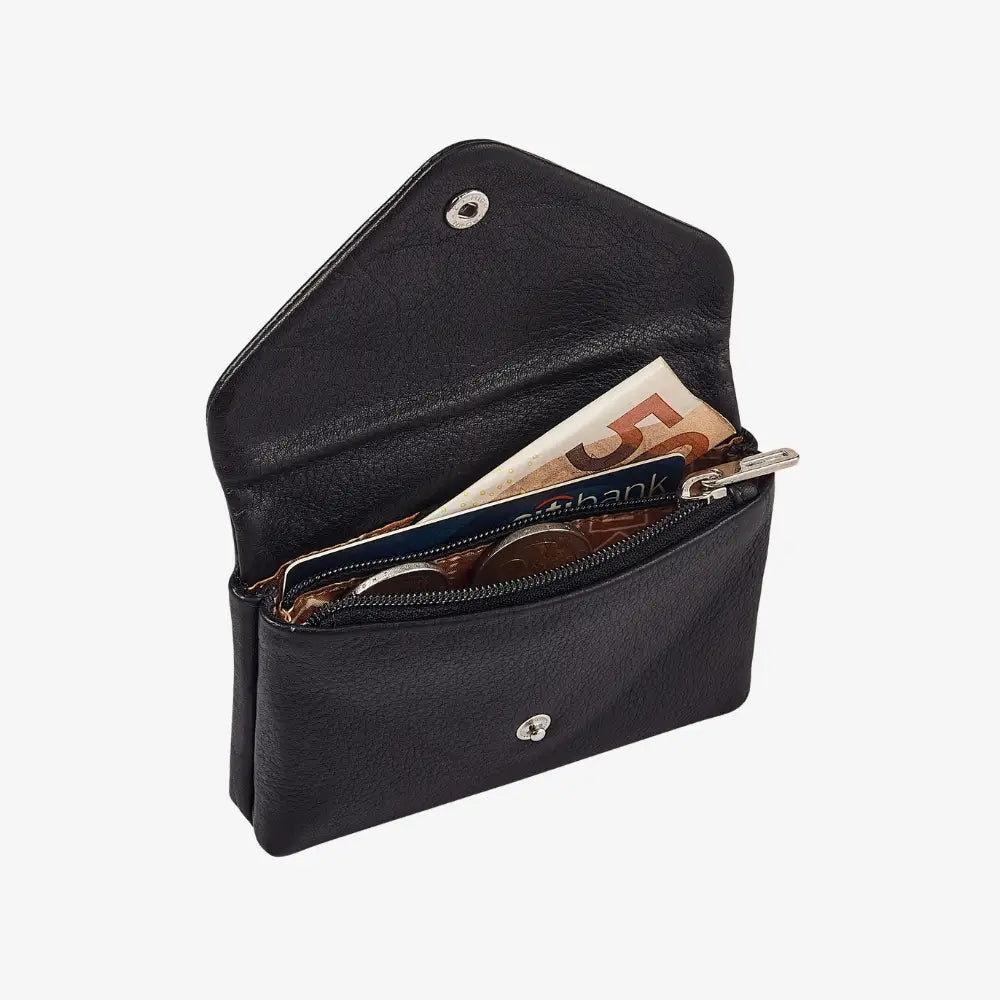 Black real leather coin purse with envelope closure and note section