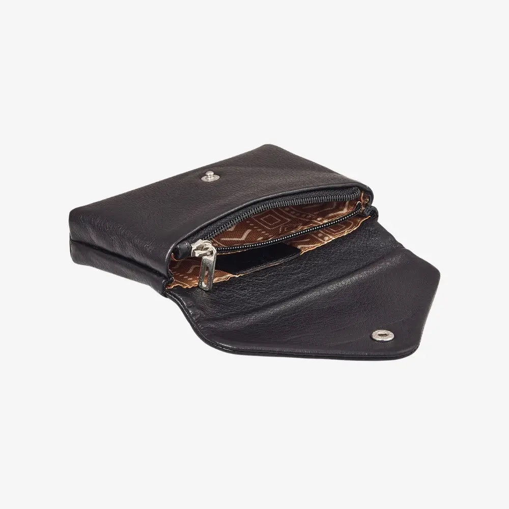 Black real leather envelope coin purse with zipped coin compartment