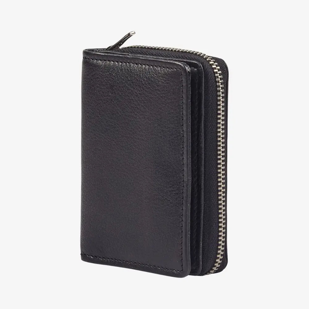 Compact black real leather RFID card holder for everyday use