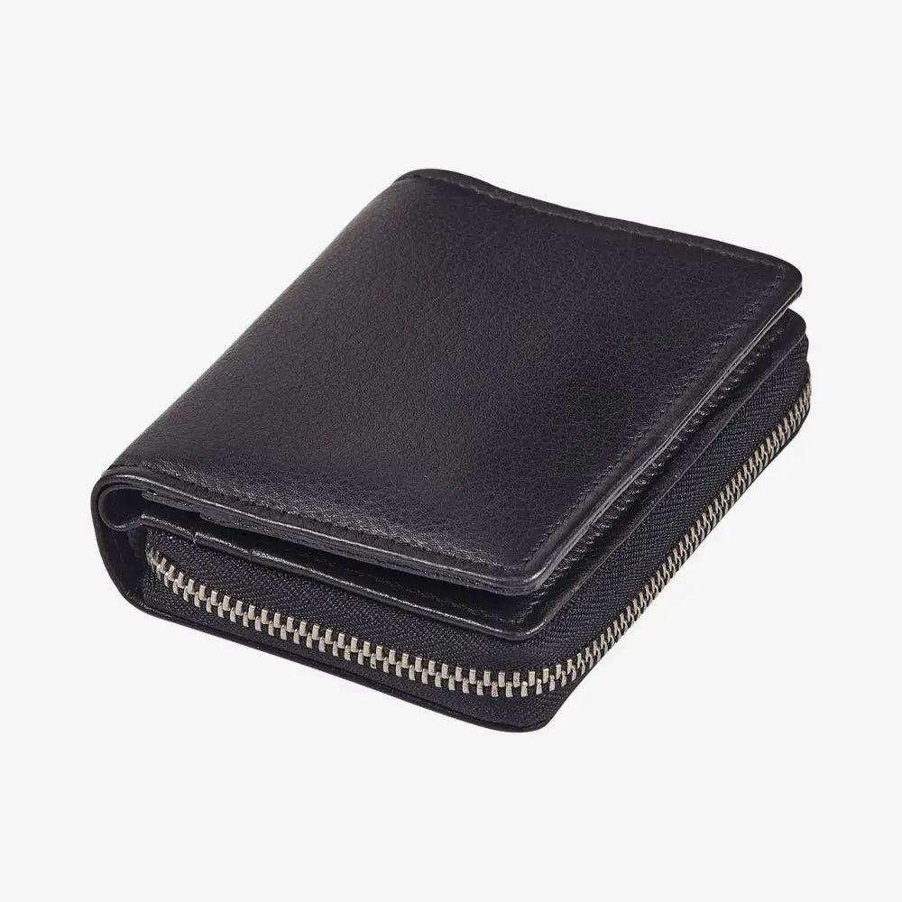 Black leather zip card wallet with secure zip closure