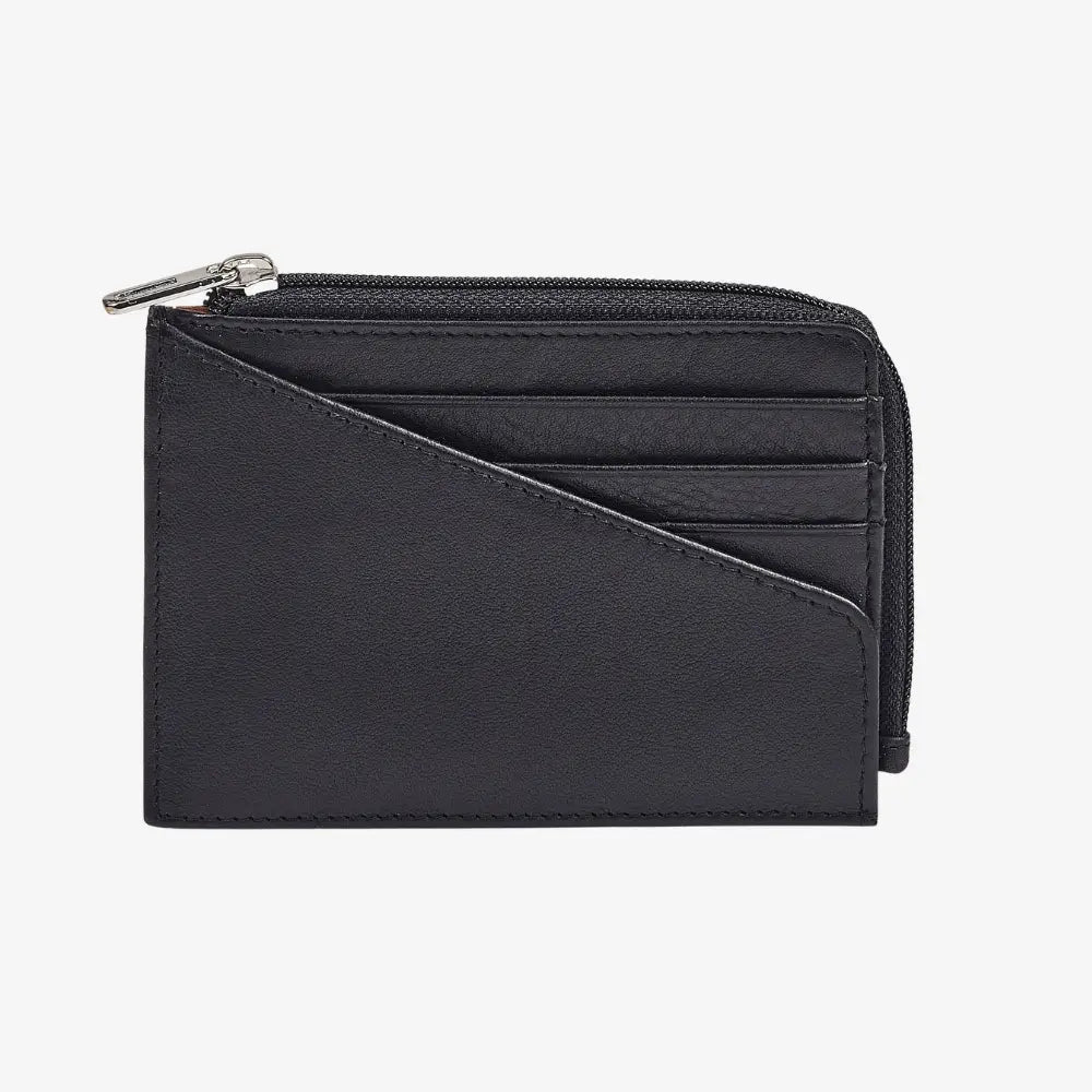 Women's leather zip card holder in black real leather