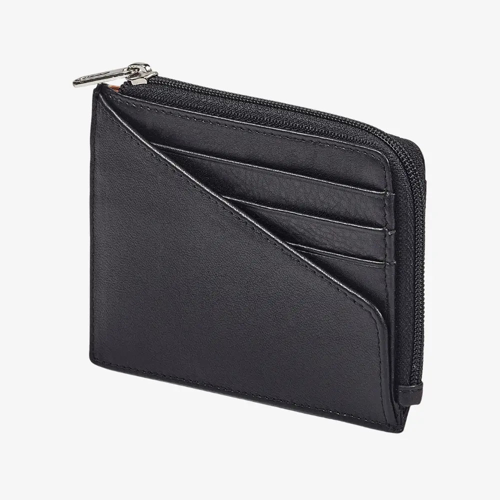 Black real leather zip card holder with five card slots