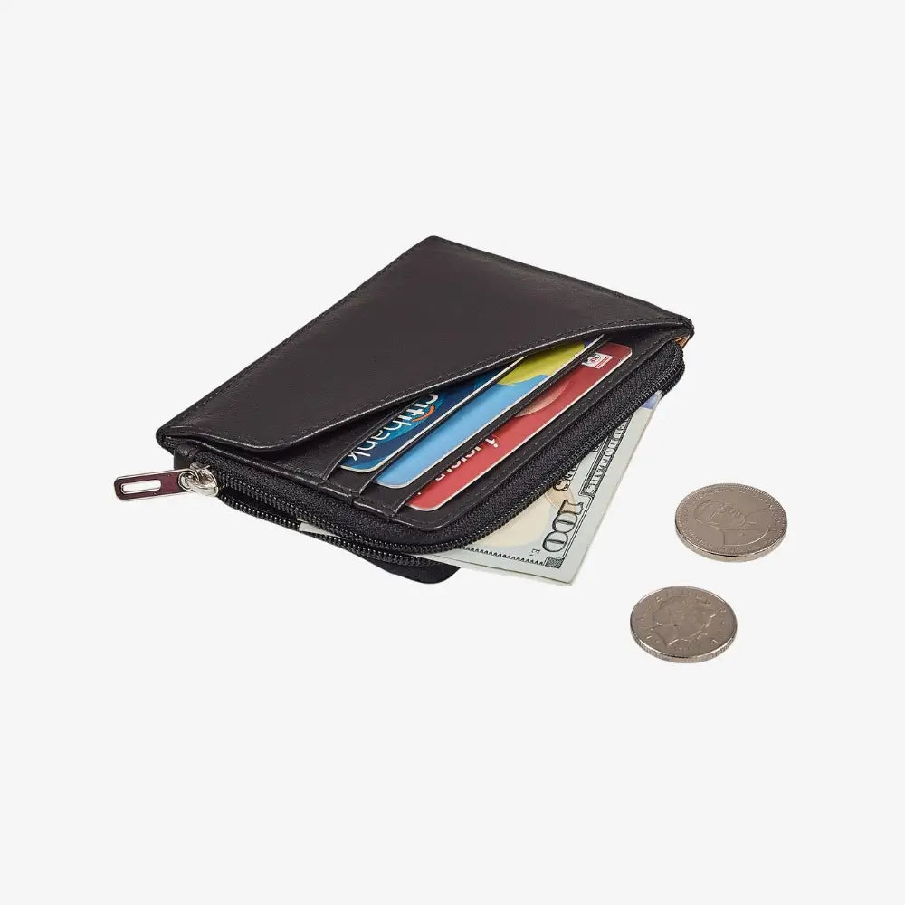 Black leather zip wallet for women with coin pocket