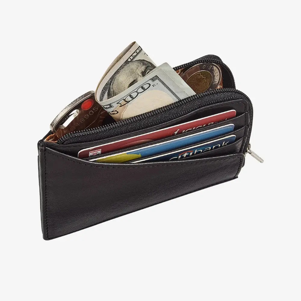 Black leather zip wallet for women with coin pocket 