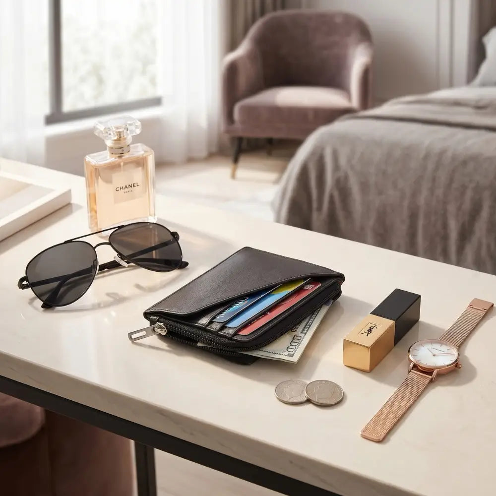 Slim black leather zip card holder for everyday use