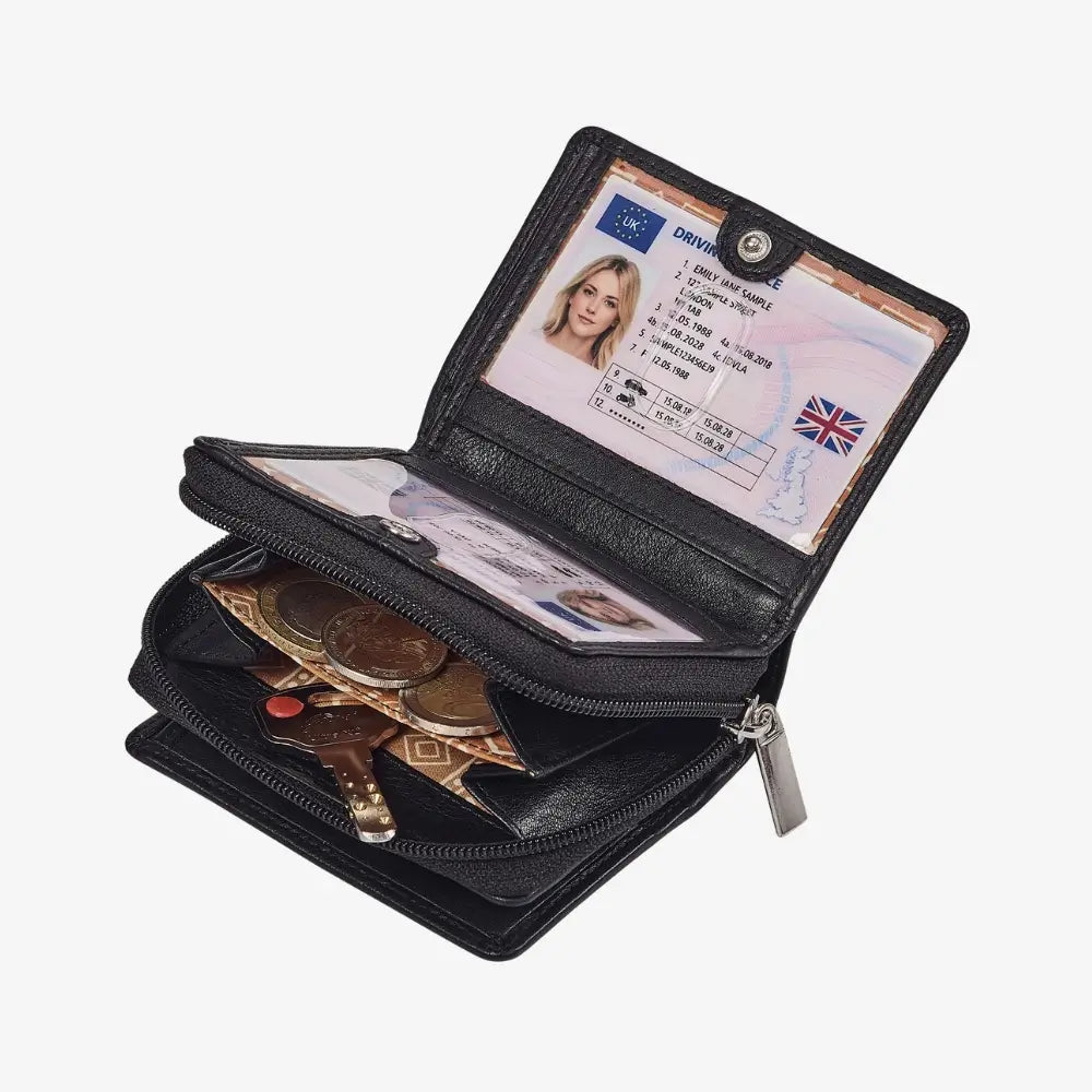 Black women's leather purse with card slots and coin pocket