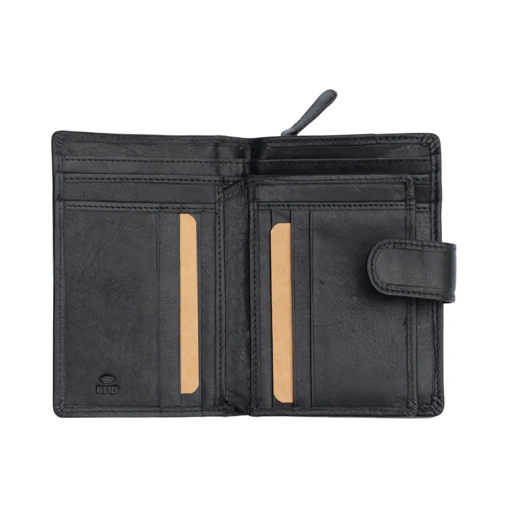 Black wallet with card slots on a white background