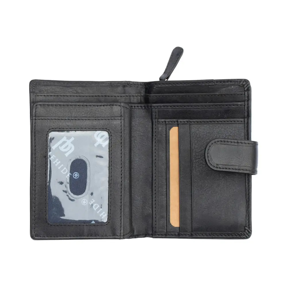 Black leather wallet with card slots and a zipper pocket on a white background