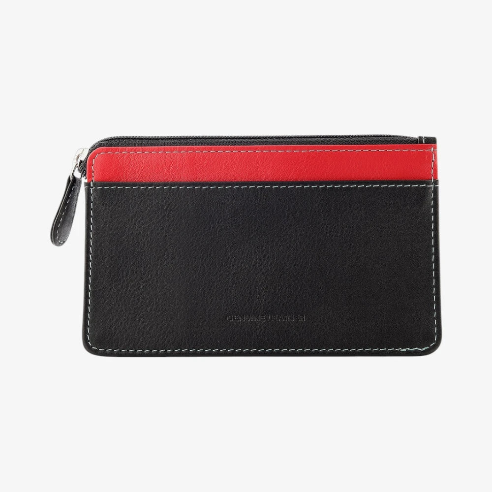 Front view of Black Card Holder Purse with a red stripe on a white background