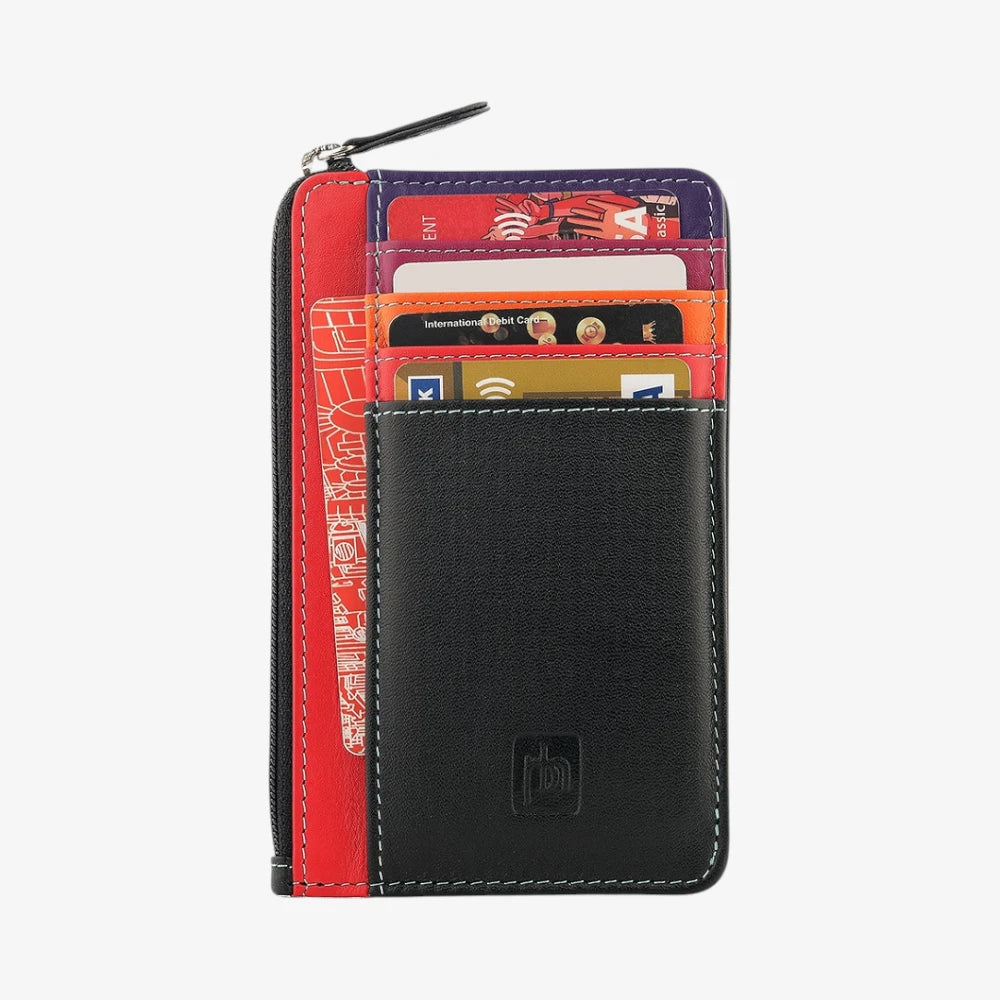 Black Card Holder Purse with red side and multiple cards inside on a white background
