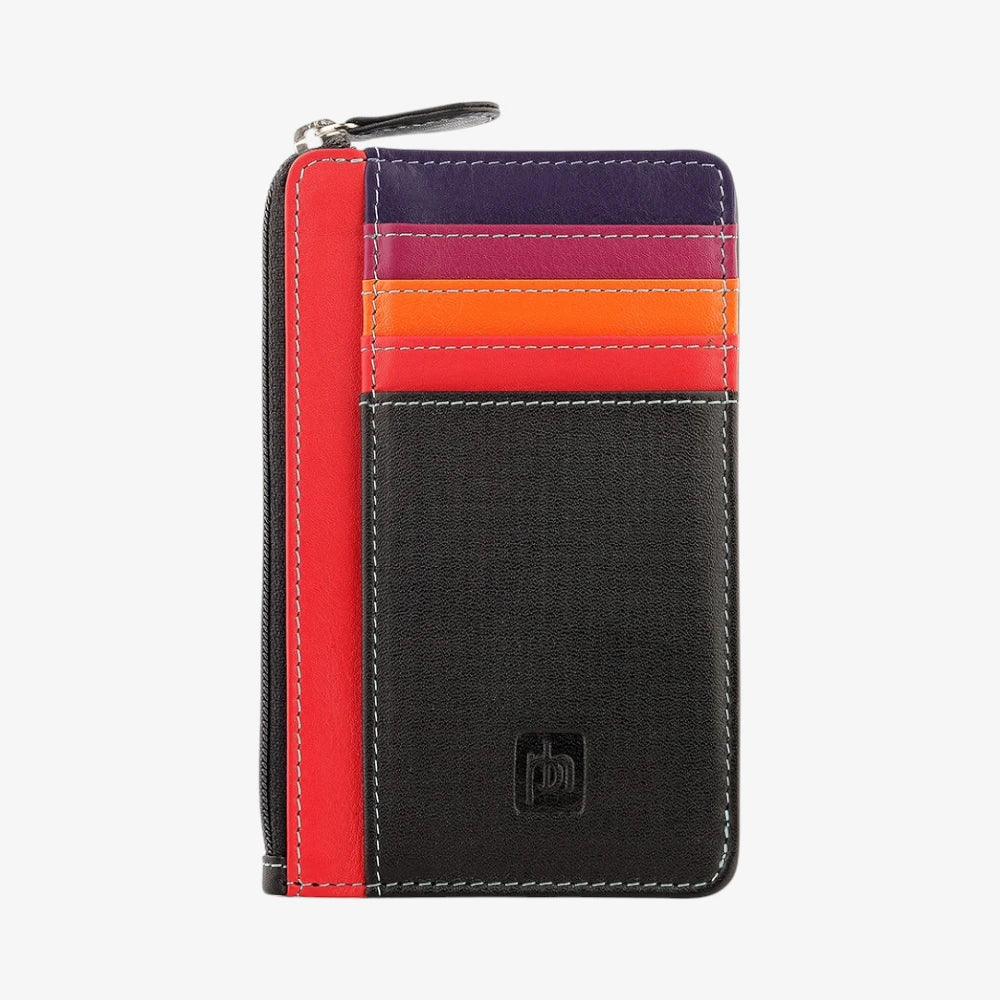Black Card Holder Purse with colorful striped interior on a white background