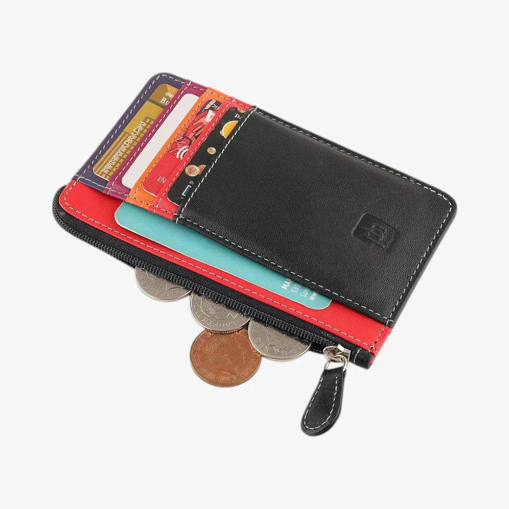 Black card holder purse with red interior holding cards and coins on a white background
