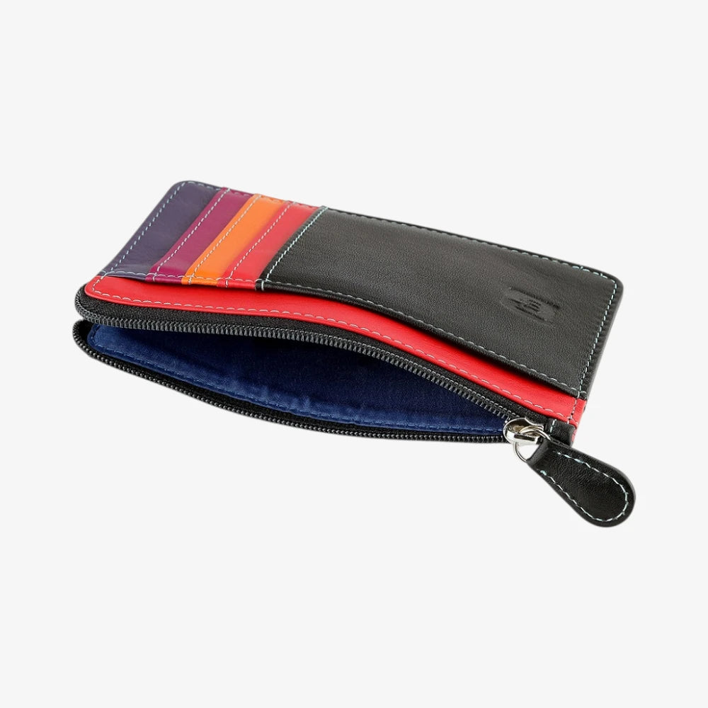 Top view of Black Card Holder Purset with a zipper on a white background