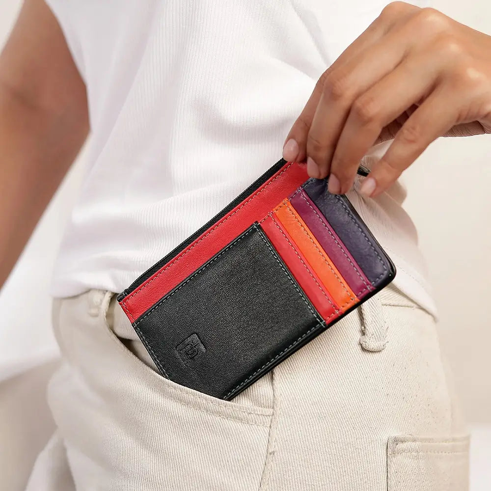 Person holding a  Black Card Holder Purse with a brand logo.