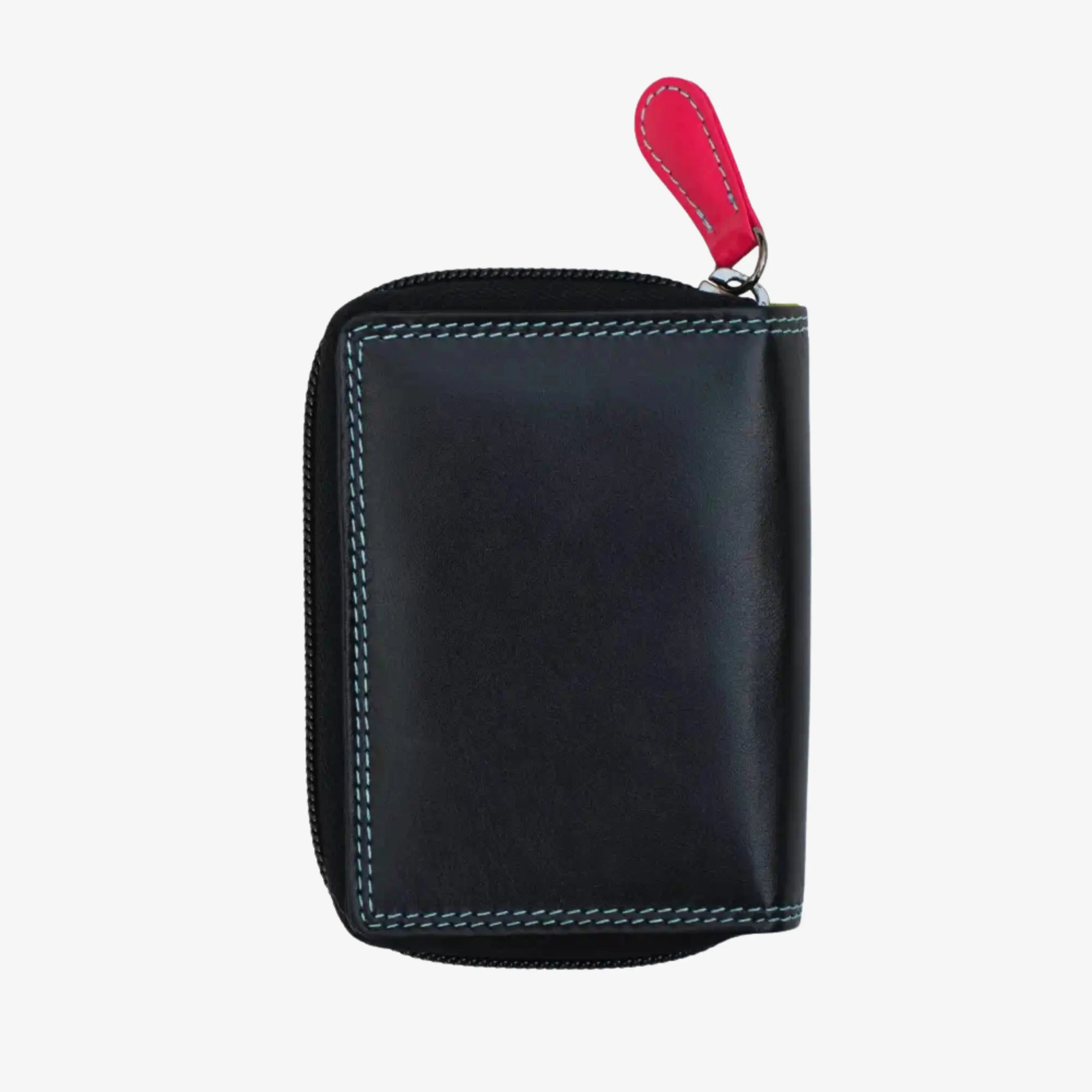 A black leather zip-around wallet with contrasting light blue stitching and a bright pink leather pull tab, shown on a plain light gray background.