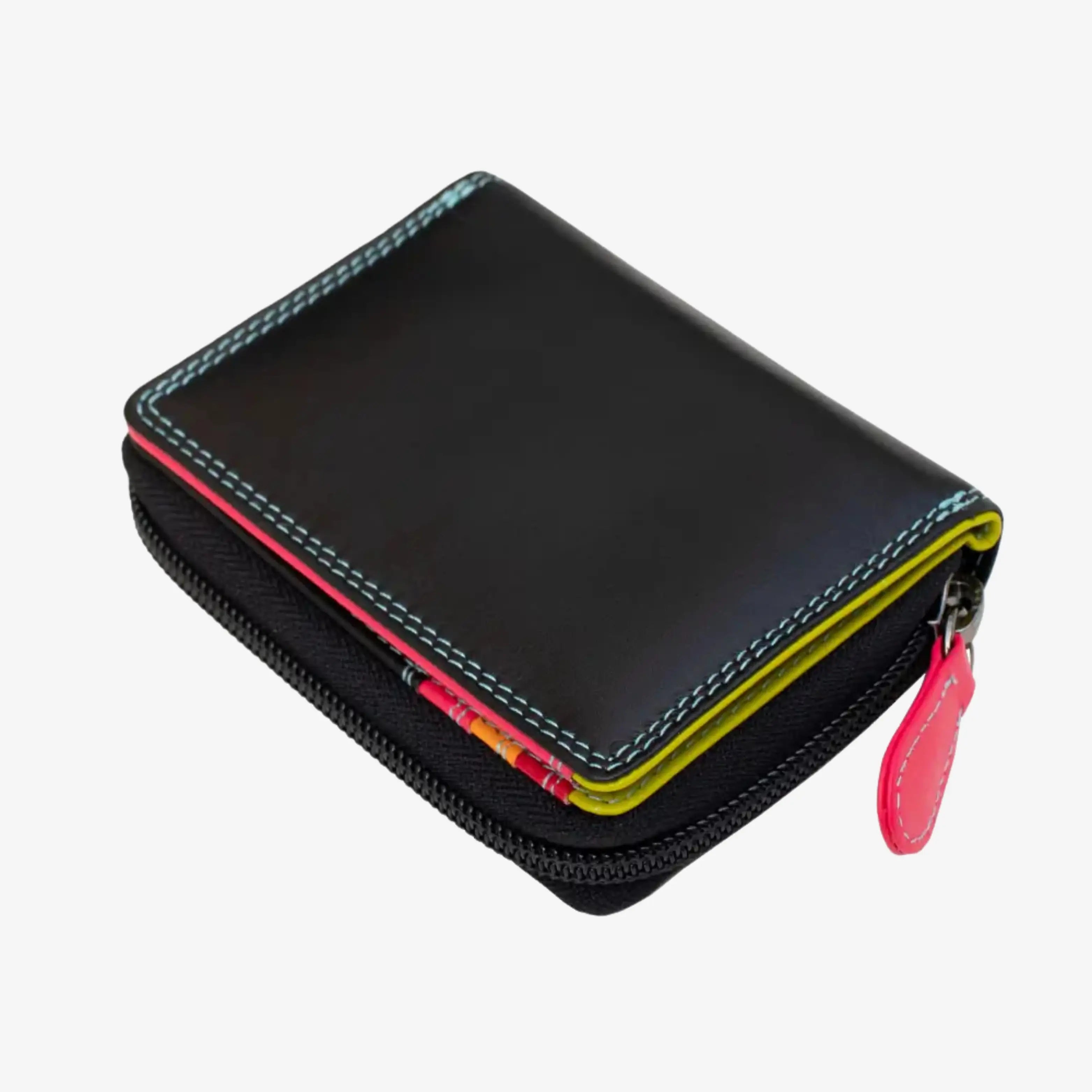 A black zippered wallet with colorful stitching and a pink pull tab, shown on a light gray background.