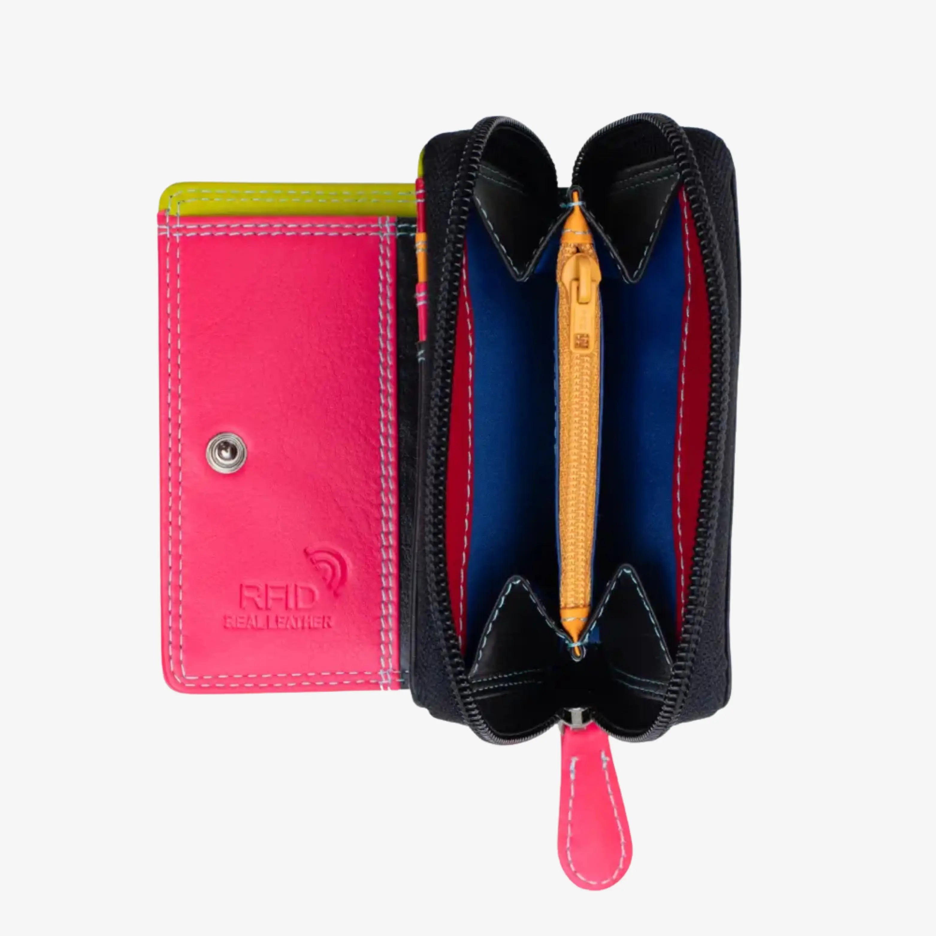 A cblack leather wallet shown open, with a bright pink front card pocket, black exterior, blue interior lining, and a gold zipper pull, photographed on a light gray background.