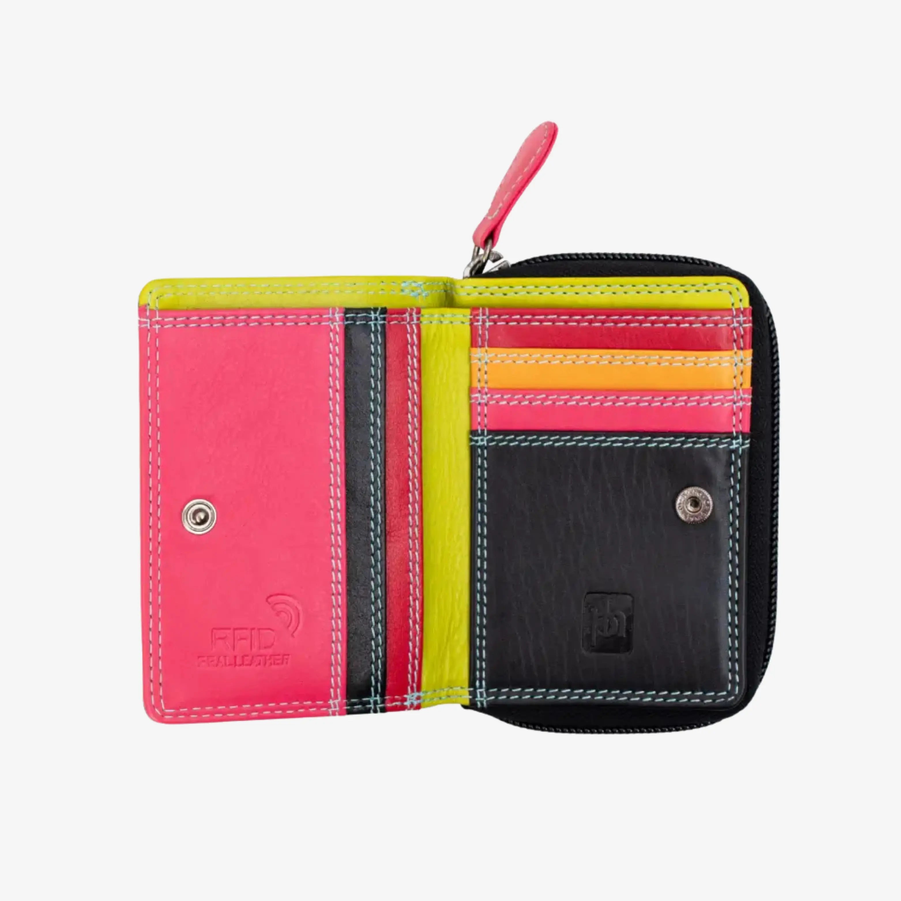 A black small zip-around wallet shown open on a light gray background, featuring bright pink, lime green, yellow, orange, and black sections with contrast stitching and card slots.